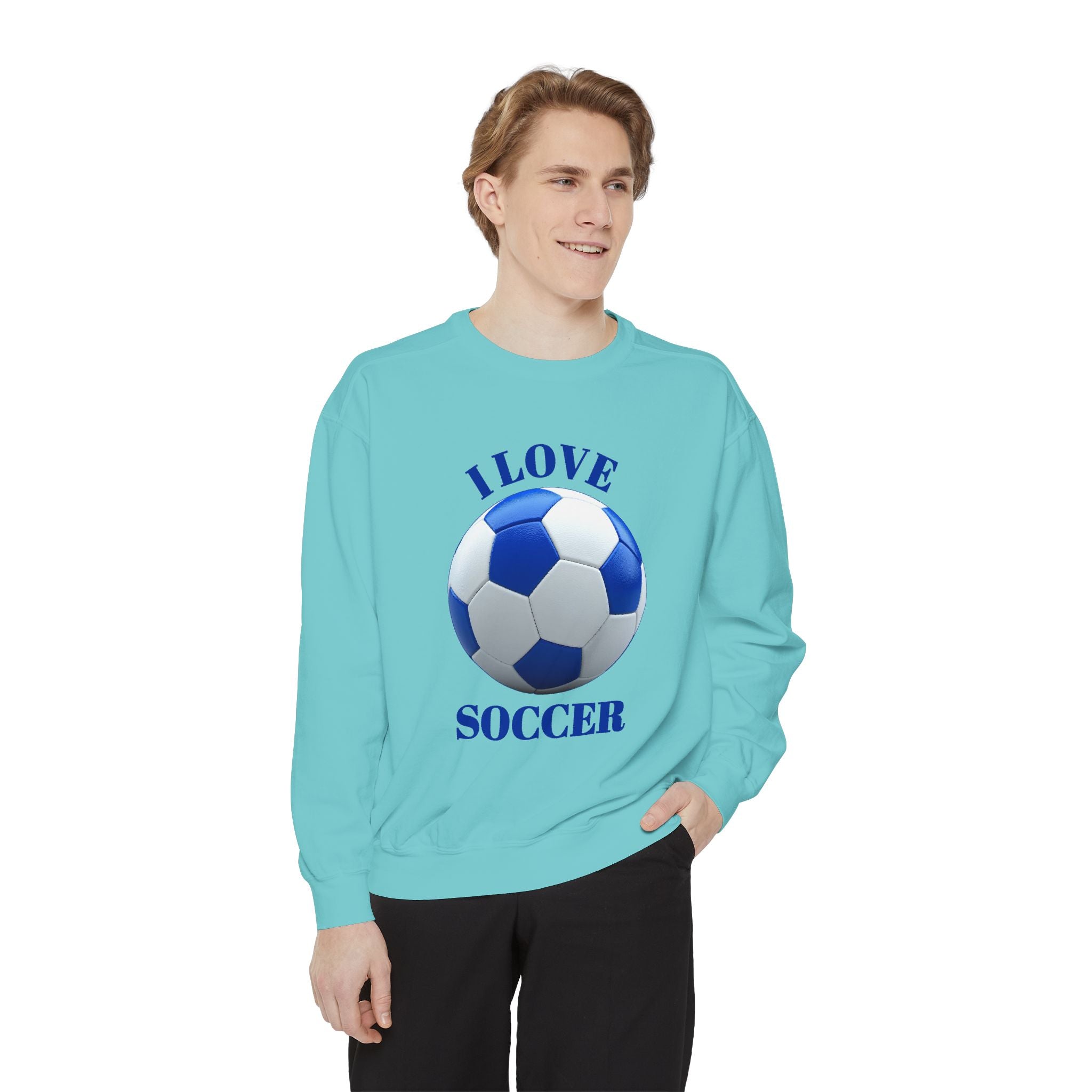 I Love Soccer Sweatshirt — Blue Soccer Ball Crewneck