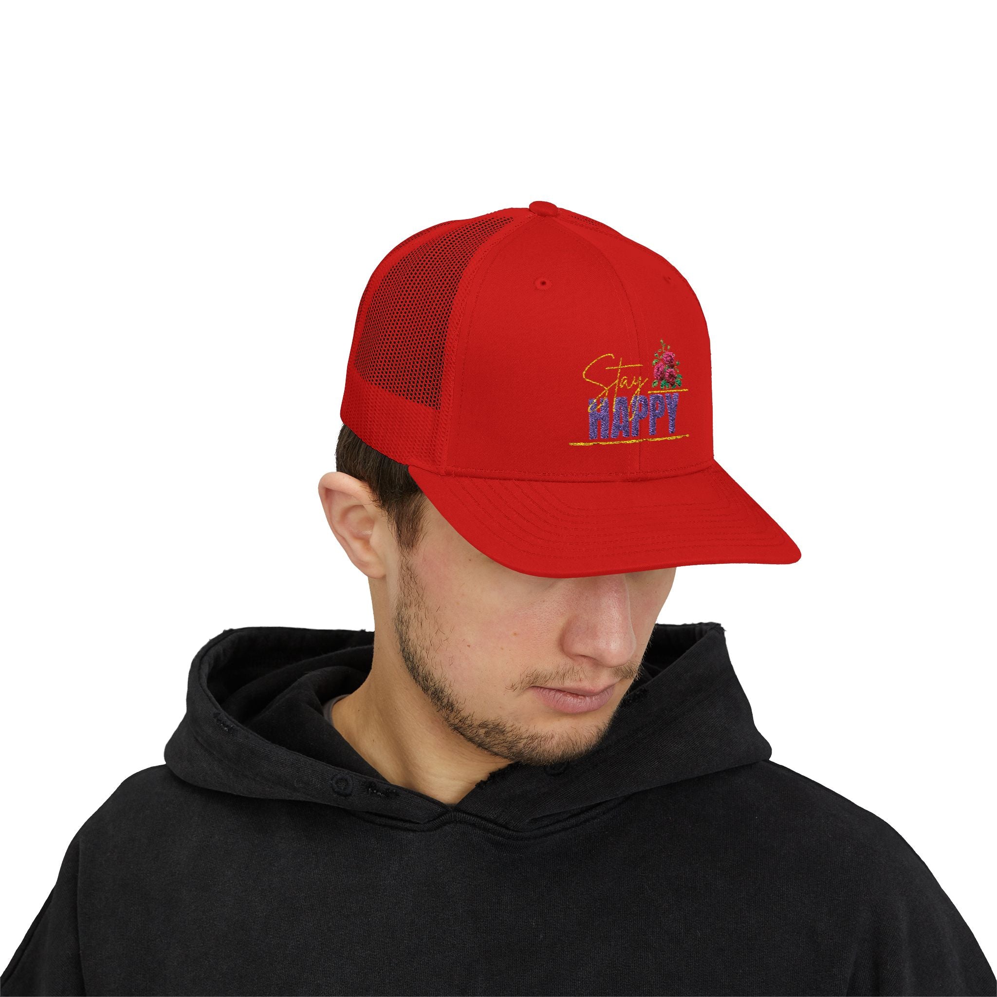 Trucker Cap — Be Happy Floral Embroidered Snapback