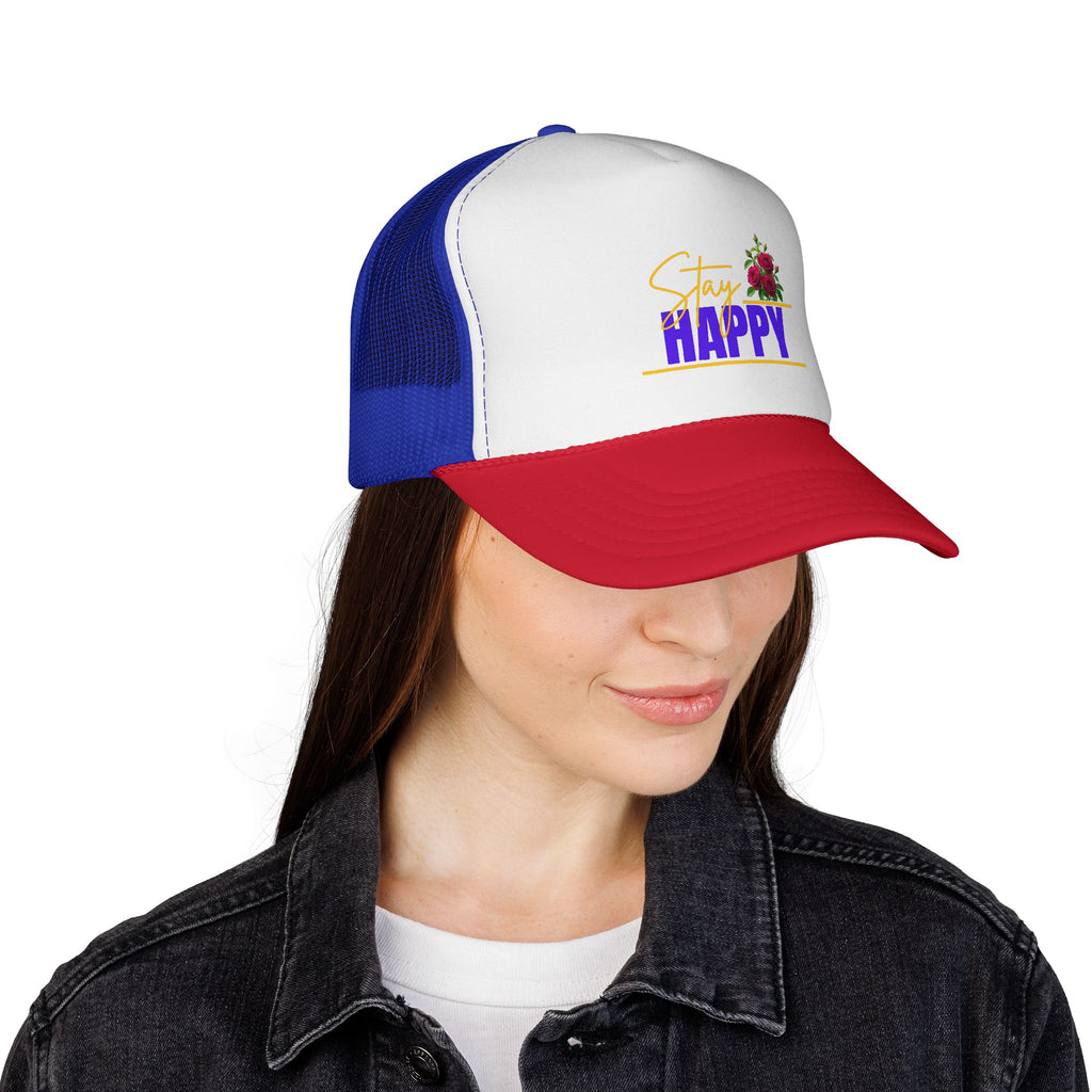 Stay Happy Trucker Hat — Floral Positive Vibe Cap