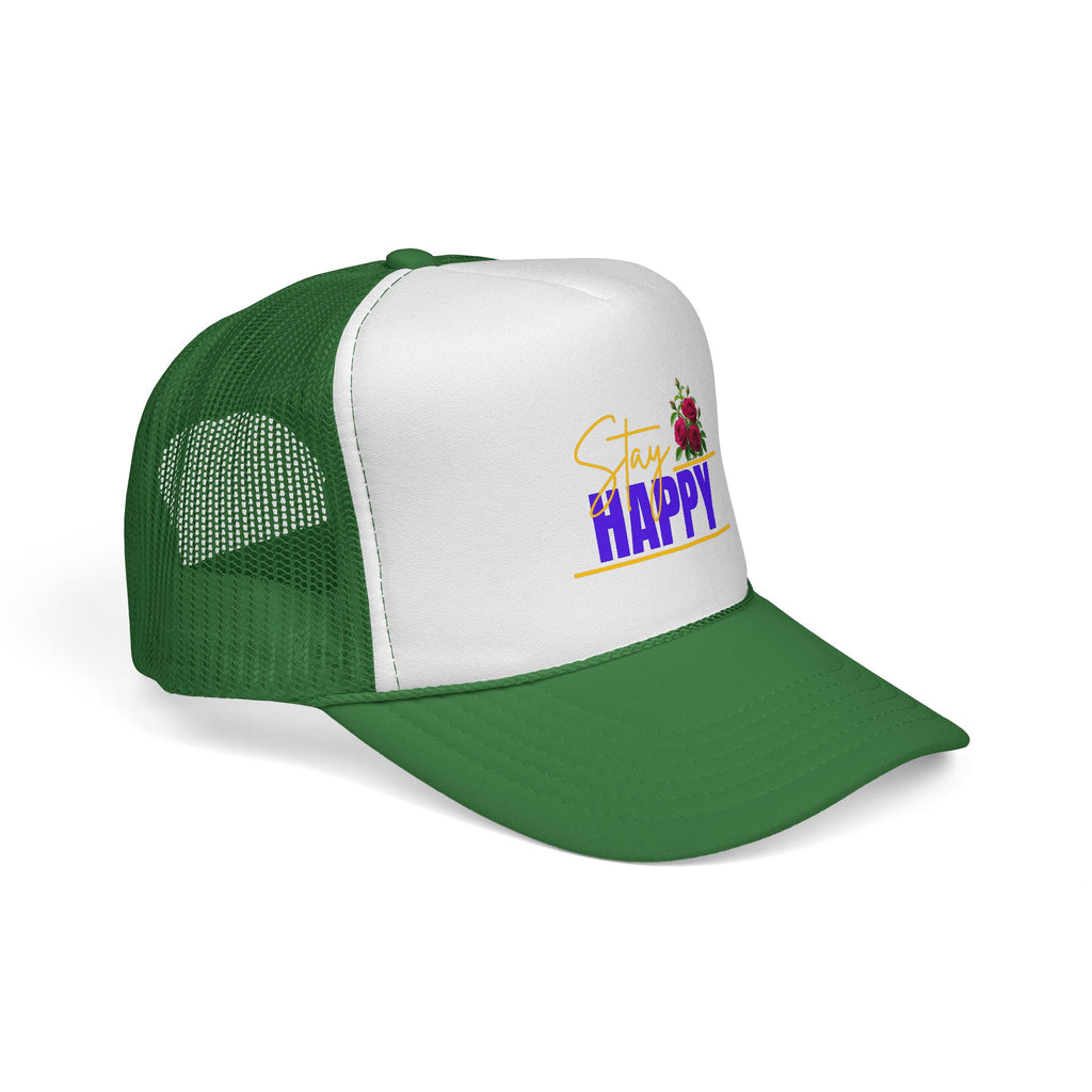 Stay Happy Trucker Hat — Floral Positive Vibe Cap