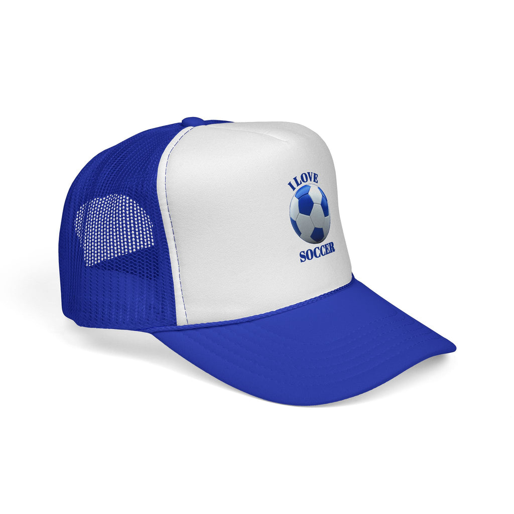 I Love Soccer Trucker Hat – Blue Soccer Ball Mesh Cap for Fans & Players