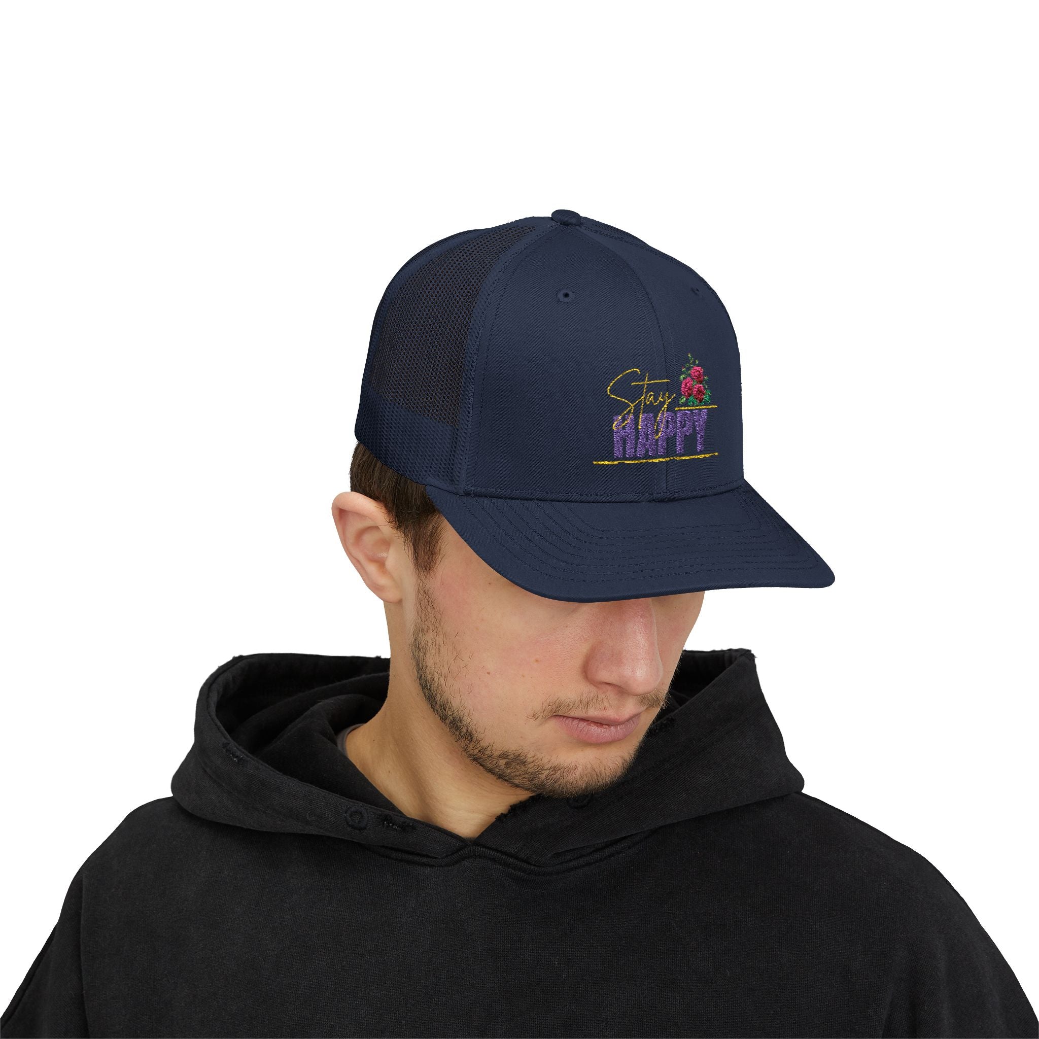 Trucker Cap — Be Happy Floral Embroidered Snapback