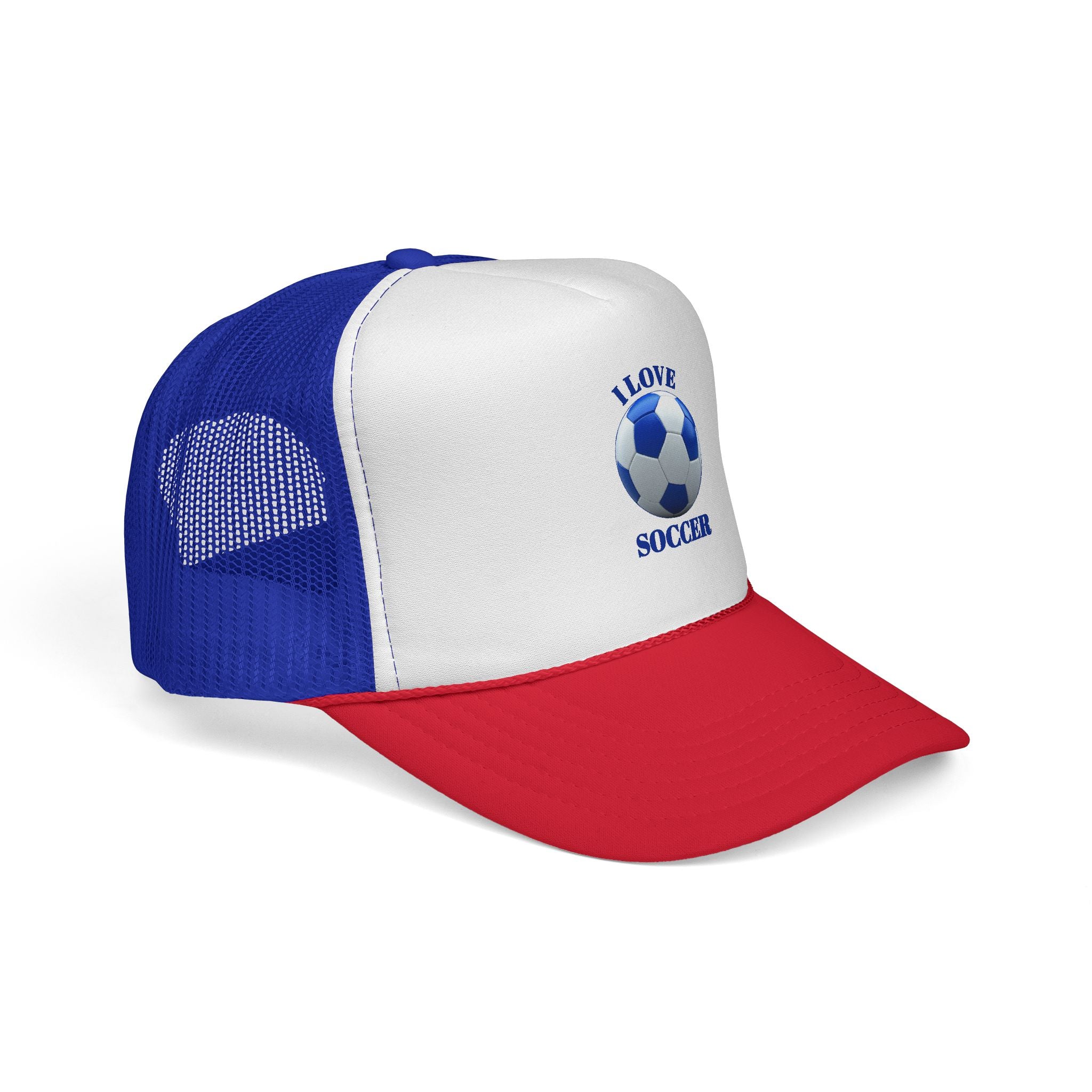 I Love Soccer Trucker Hat – Blue Soccer Ball Mesh Cap for Fans & Players