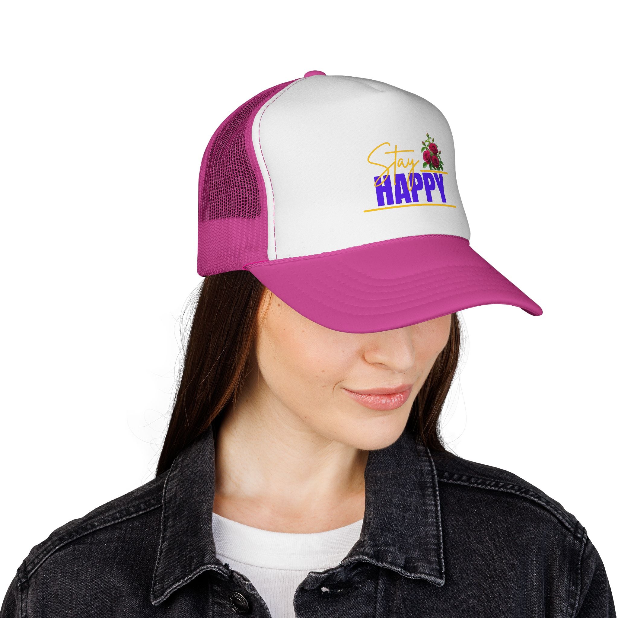 Stay Happy Trucker Hat — Floral Positive Vibe Cap