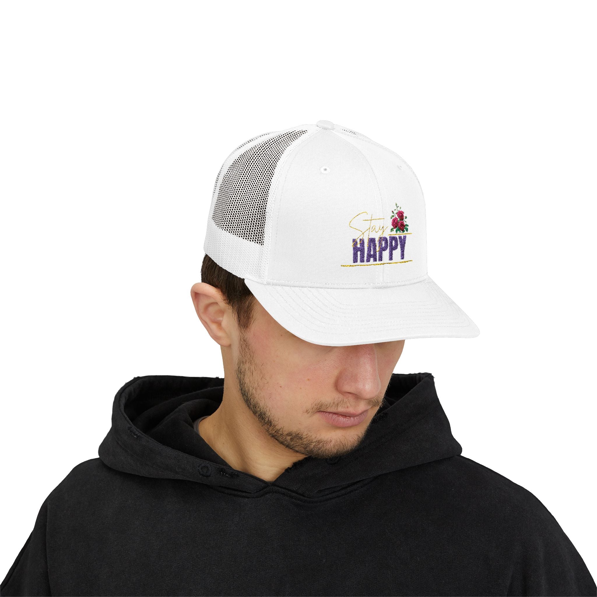 Trucker Cap — Be Happy Floral Embroidered Snapback